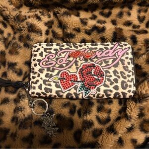 Ed Hardy Leopard Print Wallet with Red Rose Design